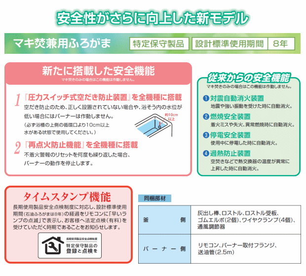 長府製作所 マキ焚兼用ふろがま CHS-6 （ロング） バーナー付き