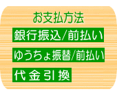 お支払方法は　銀行振込/前払い・ゆうちょ振替/前払い・代金引換